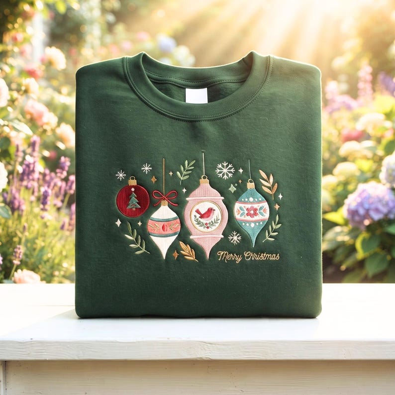 Christmas Ornament Embroidered Sweatshirt, Vintage Holiday Crewneck, Bird Ornament Shirt, Merry Christmas Gift