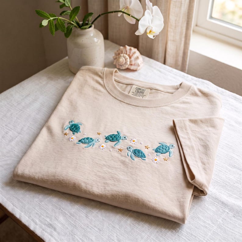 Comfort Color Embroidered Sea Turtle Shirt, Floral Coastal Tee, Summer Beach Shirt, Ocean Lover Gift