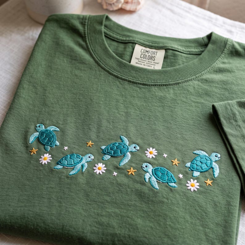 Comfort Color Embroidered Sea Turtle Shirt, Floral Coastal Tee, Summer Beach Shirt, Ocean Lover Gift