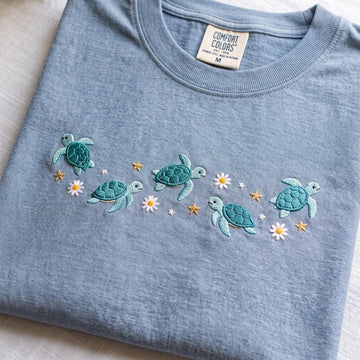 Comfort Color Embroidered Sea Turtle Shirt, Floral Coastal Tee, Summer Beach Shirt, Ocean Lover Gift