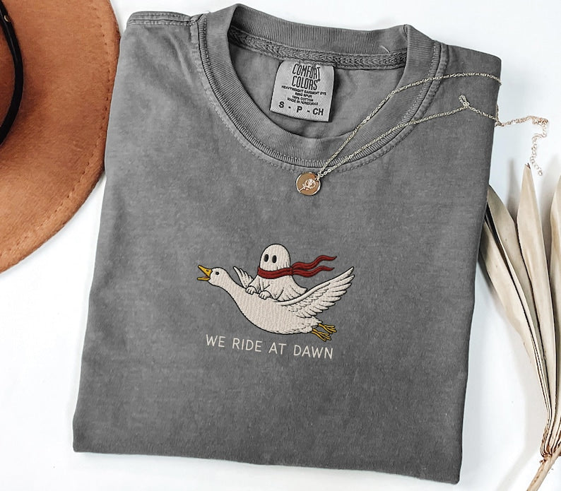 Ghost Riding Goose Embroidered Shirt, Comfort Colors 1717 Shirt, Cute Ghost Embroidery Tee, Flying Goose Shirt, Cottagecore Halloween Shirt