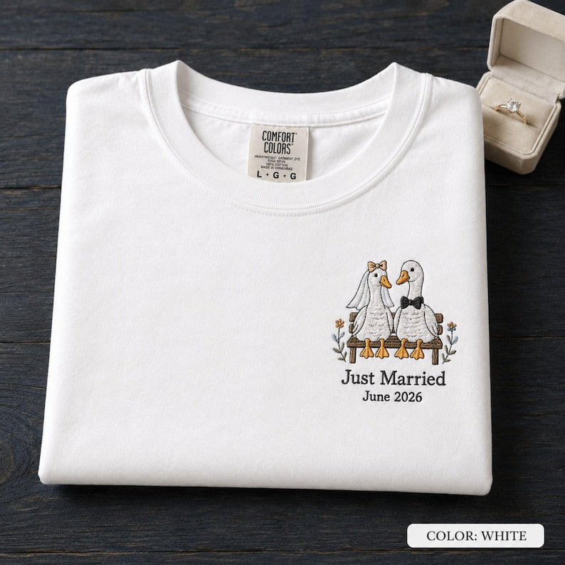 Embroidered Comfort Colors Goose Wedding Shirt, Custom Just Married Tee, Personalized Couple Gift, Anniversary Shirt