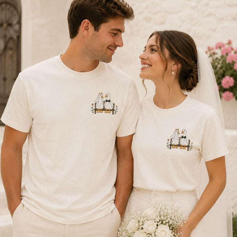 Embroidered Comfort Colors Goose Wedding Shirt, Custom Just Married Tee, Personalized Couple Gift, Anniversary Shirt