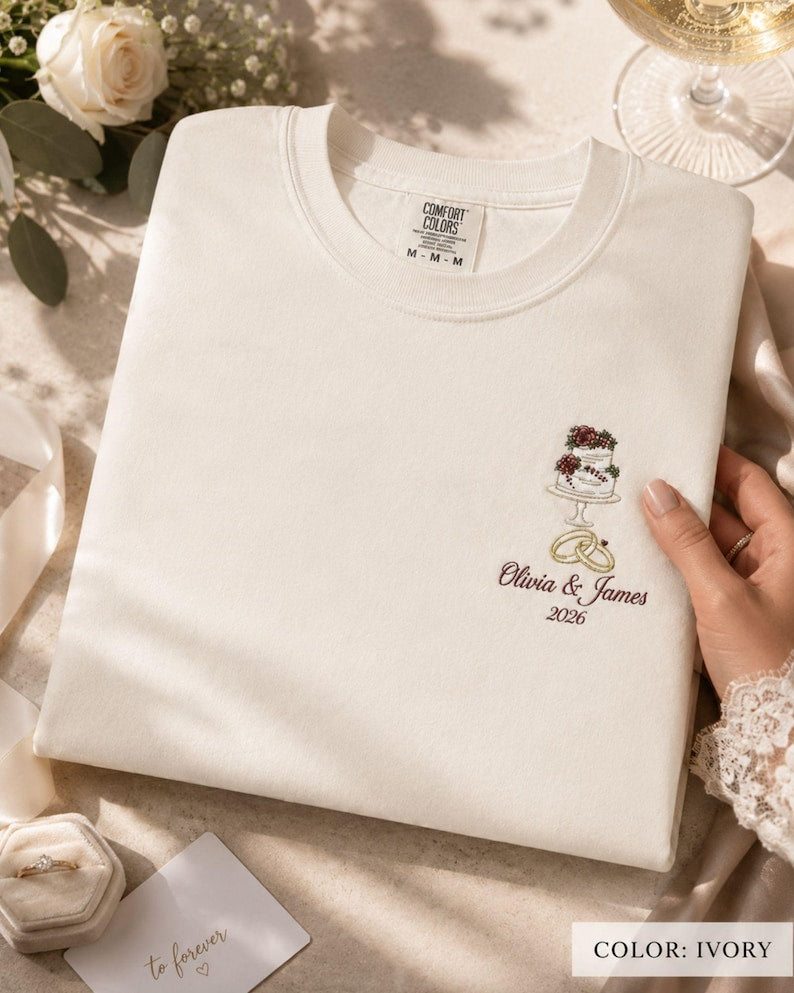 Custom Embroidered Wedding Shirt, Wedding Cake & Ring Tshirt, Wedding Keepsake, Wedding Gift, Bridal Shower Gift