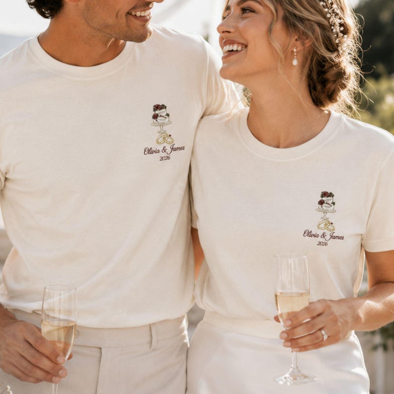 Custom Embroidered Wedding Shirt, Wedding Cake & Ring Tshirt, Wedding Keepsake, Wedding Gift, Bridal Shower Gift