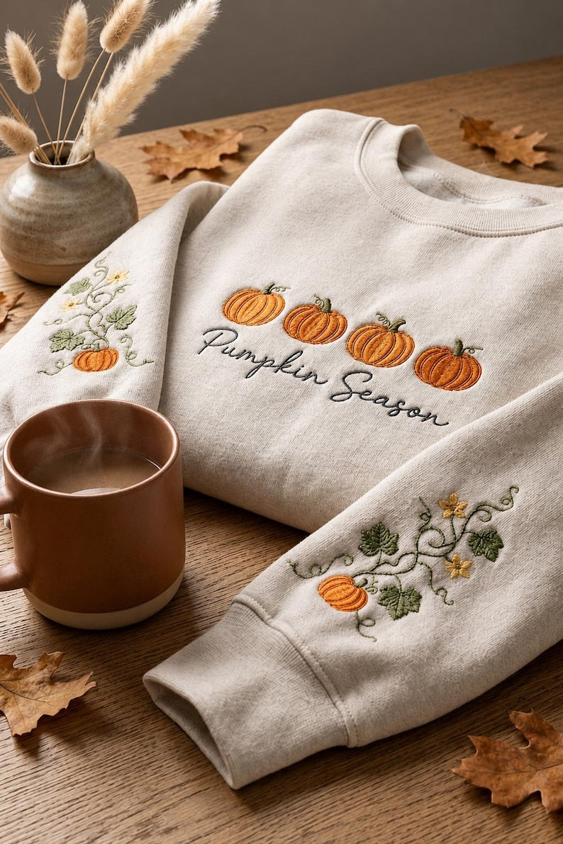 Pumpkin Season Embroidered Sweatshirt, Cozy Fall Pumpkin Crewneck, Autumn Pumpkin Shirt, Thanksgiving Gift