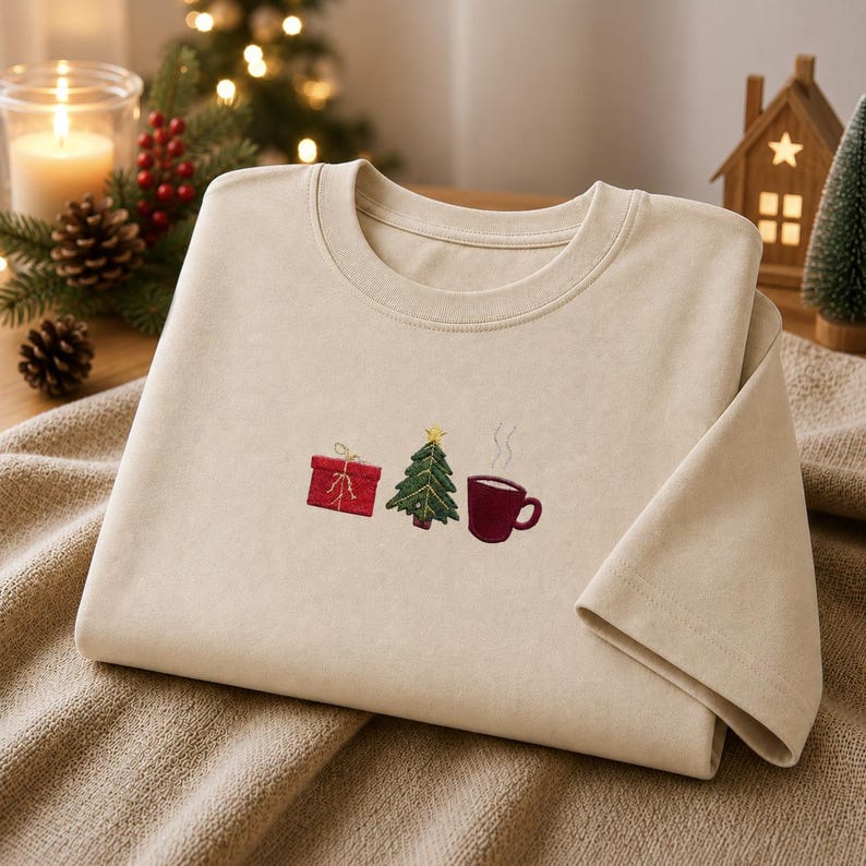 Embroidered Christmas Tree Sweatshirt, Festive Holiday Tee, Christmas Embroidery Crewneck