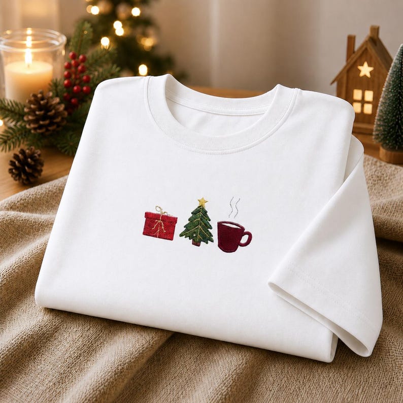Embroidered Christmas Tree Sweatshirt, Festive Holiday Tee, Christmas Embroidery Crewneck
