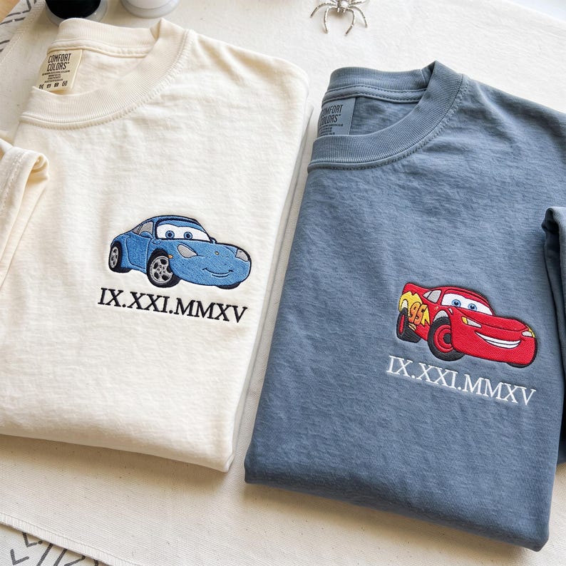 Cartoon Couple Car Embroidered Comfort Colors Shirt, Custom Date Matching Couple Shirt, Cartoon Car Tee, Magic Kingdom Tee, Anniversary Gift