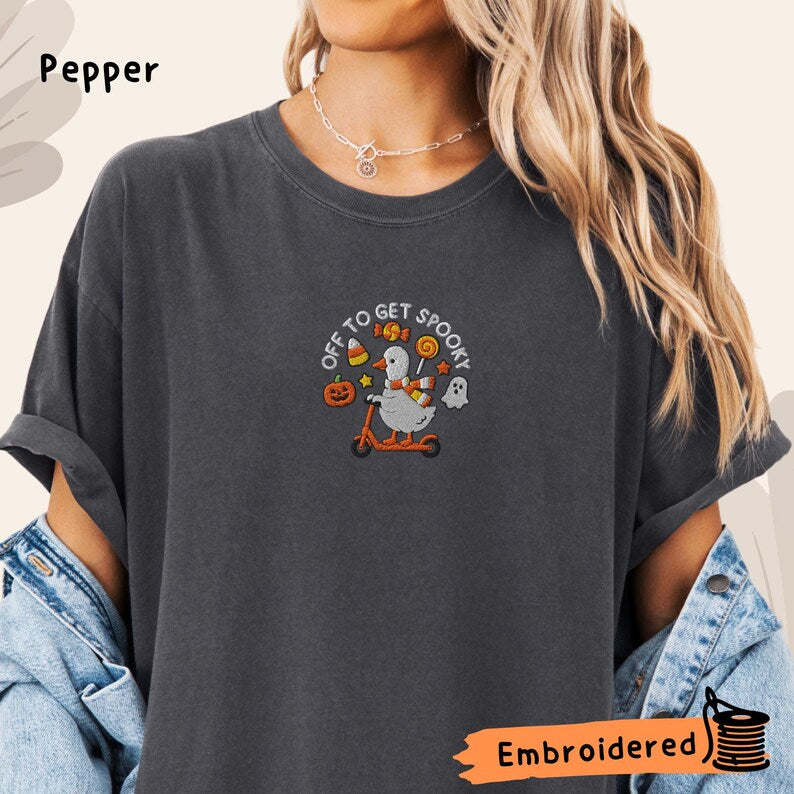 Embroidered Halloween Goose Shirt, Spooky Pumpkin Ghost Tee, Comfort Colors Fall