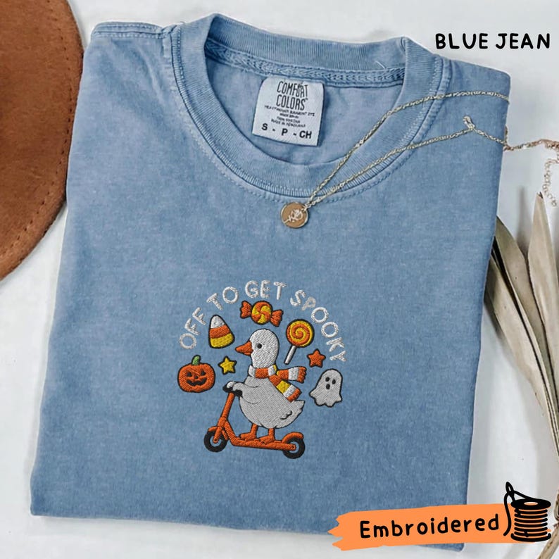 Embroidered Halloween Goose Shirt, Spooky Pumpkin Ghost Tee, Comfort Colors Fall