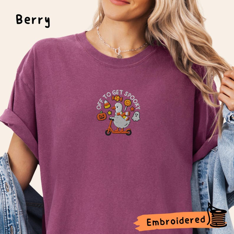 Embroidered Halloween Goose Shirt, Spooky Pumpkin Ghost Tee, Comfort Colors Fall