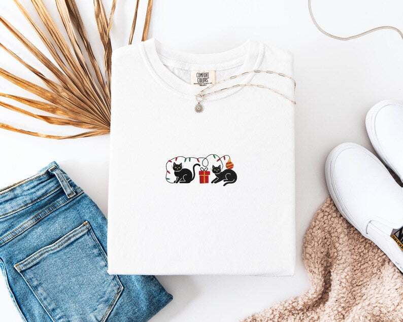 Comfort Colors Embroidered Christmas Black Cat Shirt, Cute Holiday Cat Tee, Embroidered Christmas Kitty Sweatshirt, Festive Cat Lover Gift