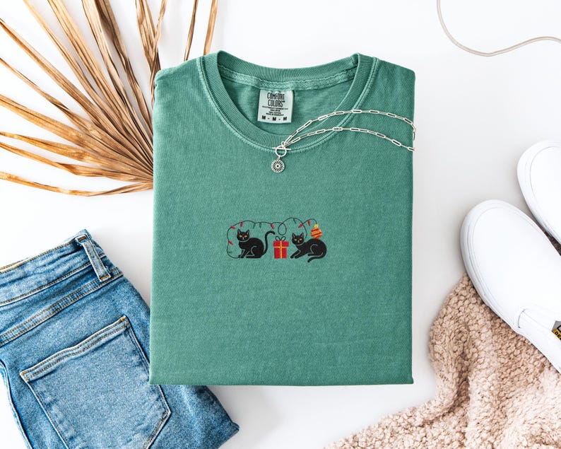 Comfort Colors Embroidered Christmas Black Cat Shirt, Cute Holiday Cat Tee, Embroidered Christmas Kitty Sweatshirt, Festive Cat Lover Gift