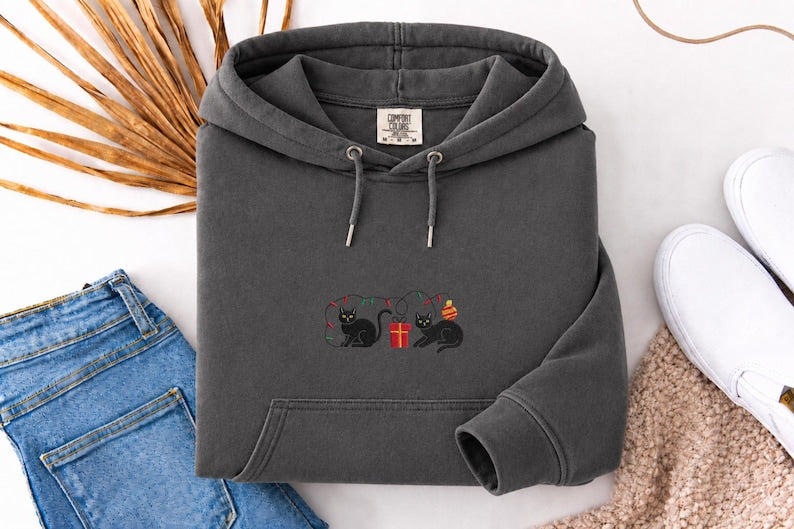 Comfort Colors Embroidered Christmas Black Cat Shirt, Cute Holiday Cat Tee, Embroidered Christmas Kitty Sweatshirt, Festive Cat Lover Gift