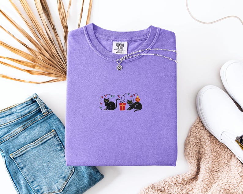 Comfort Colors Embroidered Christmas Black Cat Shirt, Cute Holiday Cat Tee, Embroidered Christmas Kitty Sweatshirt, Festive Cat Lover Gift