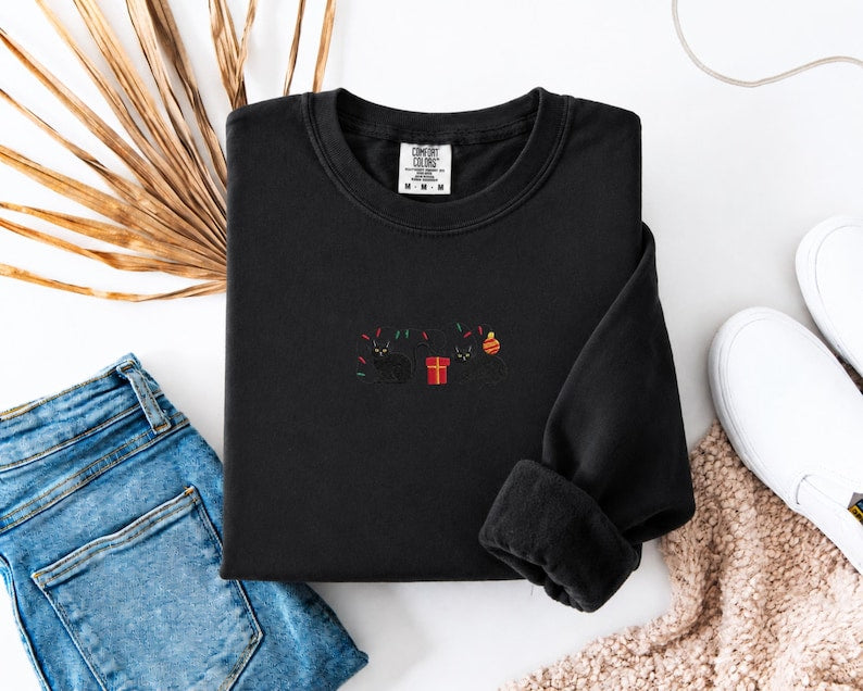 Comfort Colors Embroidered Christmas Black Cat Shirt, Cute Holiday Cat Tee, Embroidered Christmas Kitty Sweatshirt, Festive Cat Lover Gift