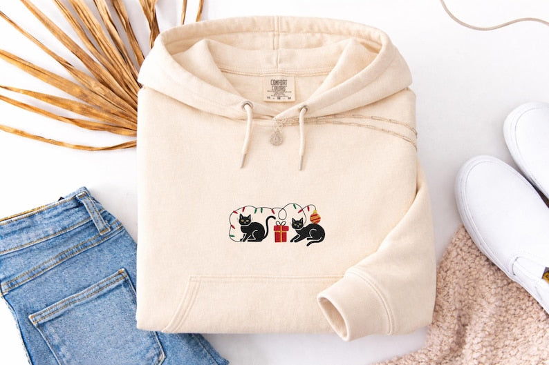 Comfort Colors Embroidered Christmas Black Cat Shirt, Cute Holiday Cat Tee, Embroidered Christmas Kitty Sweatshirt, Festive Cat Lover Gift