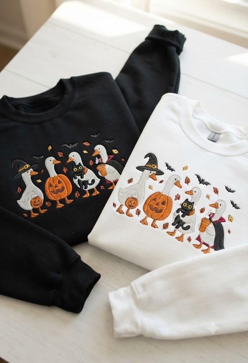 Embroidered Halloween Goose Crewneck, Spooky Goose Shirt, Ghost Goose Shirt, Cozy Season Embroidered Sweatshirt, Autumn Pumpkin Shirt