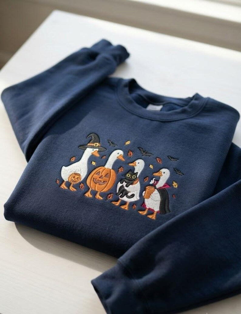 Embroidered Halloween Goose Crewneck, Spooky Goose Shirt, Ghost Goose Shirt, Cozy Season Embroidered Sweatshirt, Autumn Pumpkin Shirt