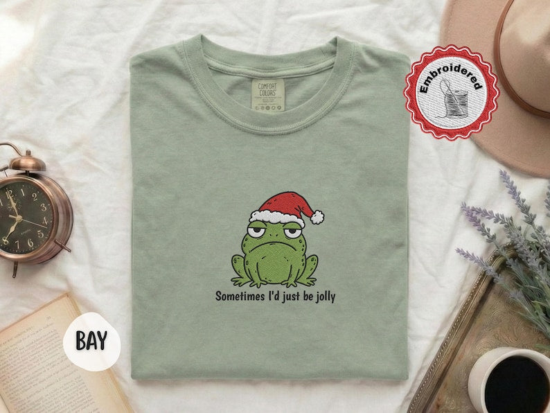 Funny Christmas Frog Shirt, Comfort Colors Embroidered Shirt, Cute Frog Shirt, Christmas Shirt, Holiday Shirt, Funny Gift For Her T-Shirt