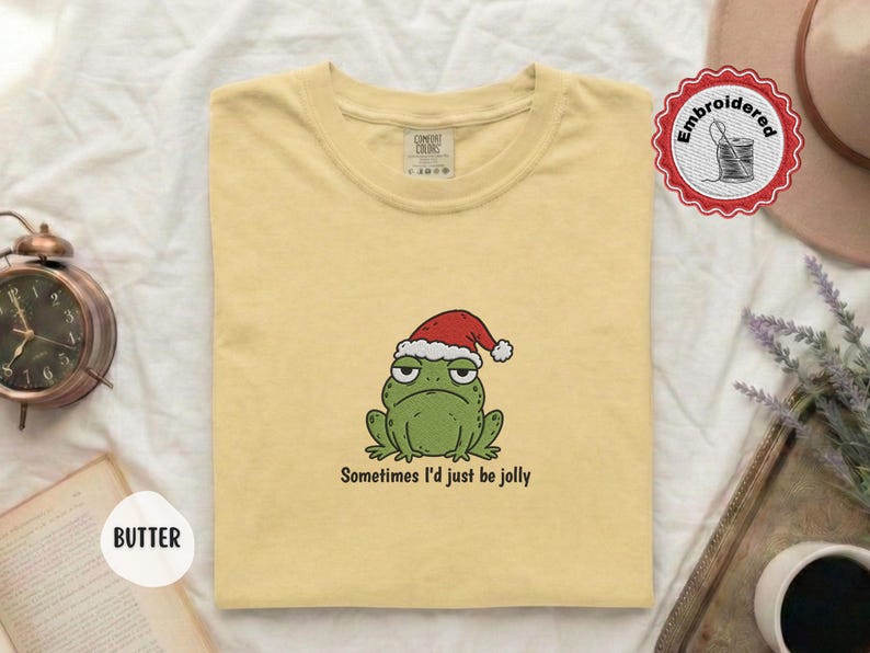Funny Christmas Frog Shirt, Comfort Colors Embroidered Shirt, Cute Frog Shirt, Christmas Shirt, Holiday Shirt, Funny Gift For Her T-Shirt