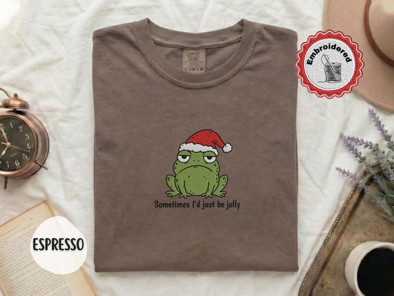 Funny Christmas Frog Shirt, Comfort Colors Embroidered Shirt, Cute Frog Shirt, Christmas Shirt, Holiday Shirt, Funny Gift For Her T-Shirt