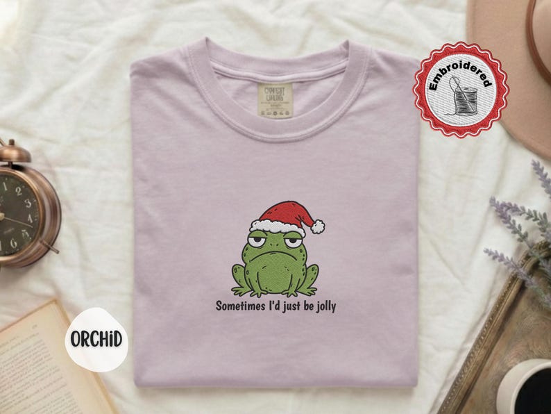 Funny Christmas Frog Shirt, Comfort Colors Embroidered Shirt, Cute Frog Shirt, Christmas Shirt, Holiday Shirt, Funny Gift For Her T-Shirt