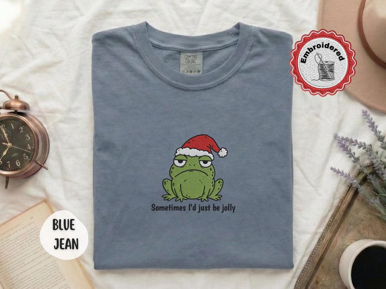 Funny Christmas Frog Shirt, Comfort Colors Embroidered Shirt, Cute Frog Shirt, Christmas Shirt, Holiday Shirt, Funny Gift For Her T-Shirt