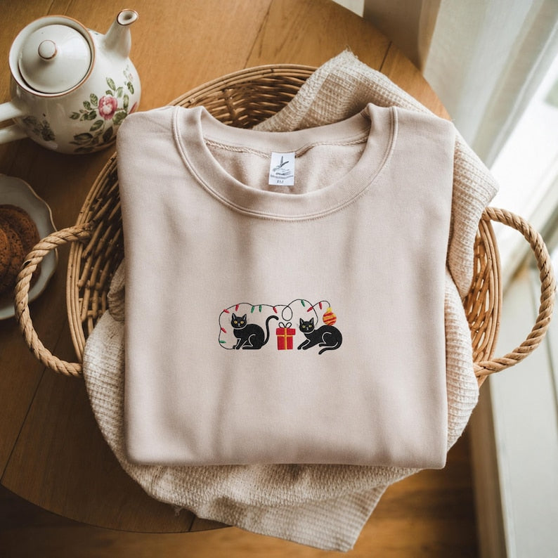 Embroidered Christmas Cat Sweatshirt, Funny Holiday Hoodie, Christmas Cat Embroidery Shirt