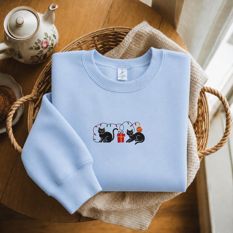 Embroidered Christmas Cat Sweatshirt, Funny Holiday Hoodie, Christmas Cat Embroidery Shirt