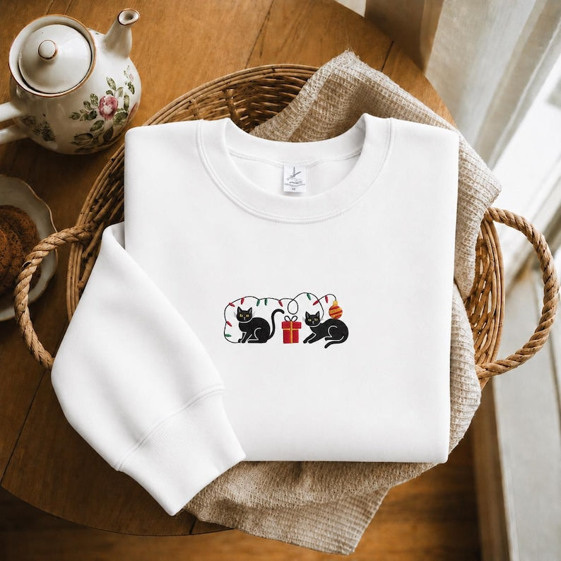 Embroidered Christmas Cat Sweatshirt, Funny Holiday Hoodie, Christmas Cat Embroidery Shirt