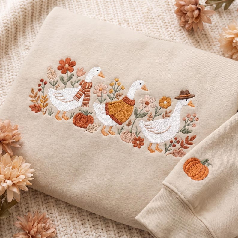 Silly Goose Fall Crewneck for Her, Embroidered Geese in Sweaters Sweatshirt, Cottagecore Autumn Gift, Cozy Season Pullover