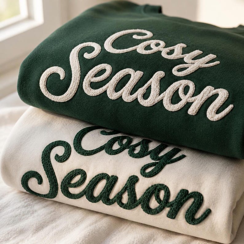 Personalized Yarn Embroidered Shirt, Cozy Season Crewneck, Fall Minimalist Sweater, Holiday Matching Sweatshirt