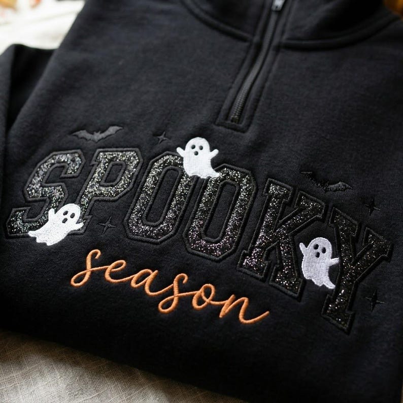 Embroidered Spooky Season Applique Quarter Zip Sweatshirt, Bats And Ghost Crewneck, Glitter Applique Apparel, Cozy Fall Gift