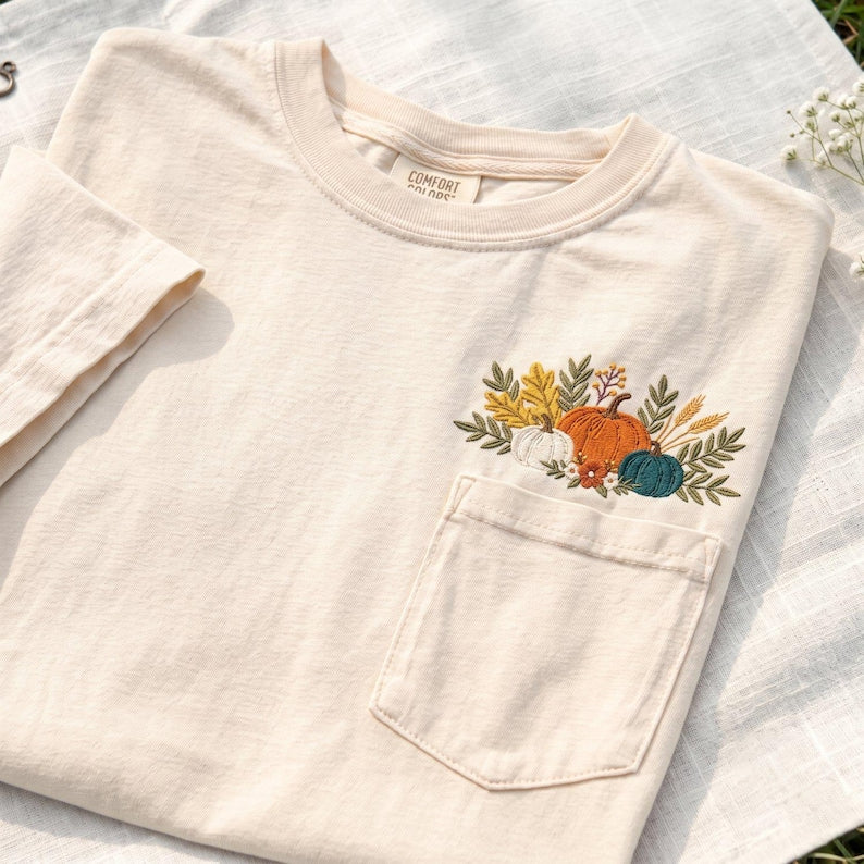 Pumpkin Pocket Embroidered Comfort Colors Tee, Fall Harvest Floral Shirt, Autumn Botanical Pocket T Shirt, Thanksgiving Gift