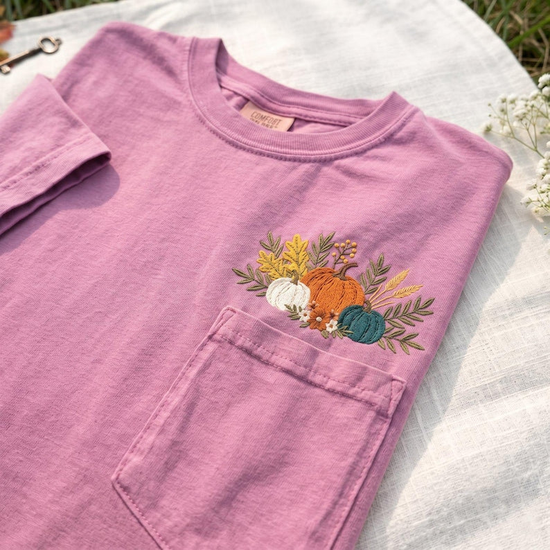 Pumpkin Pocket Embroidered Comfort Colors Tee, Fall Harvest Floral Shirt, Autumn Botanical Pocket T Shirt, Thanksgiving Gift