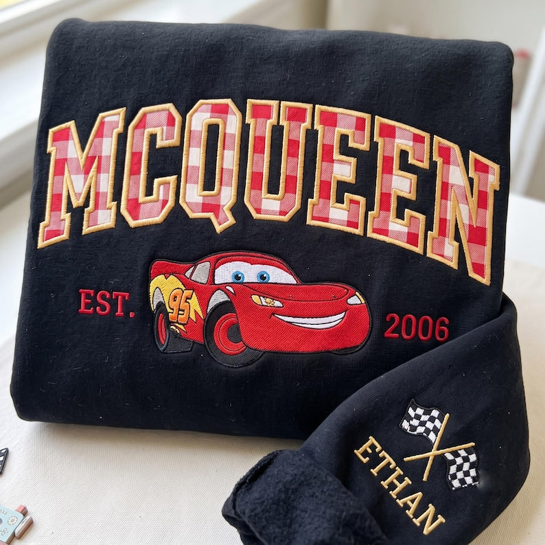 Cartoon Couple Car Embroidered Sweatshirt, Magical Land Couple Crewneck, Gingham Applique Couple Shirt, Valentine Shirt, Anniversary Gift