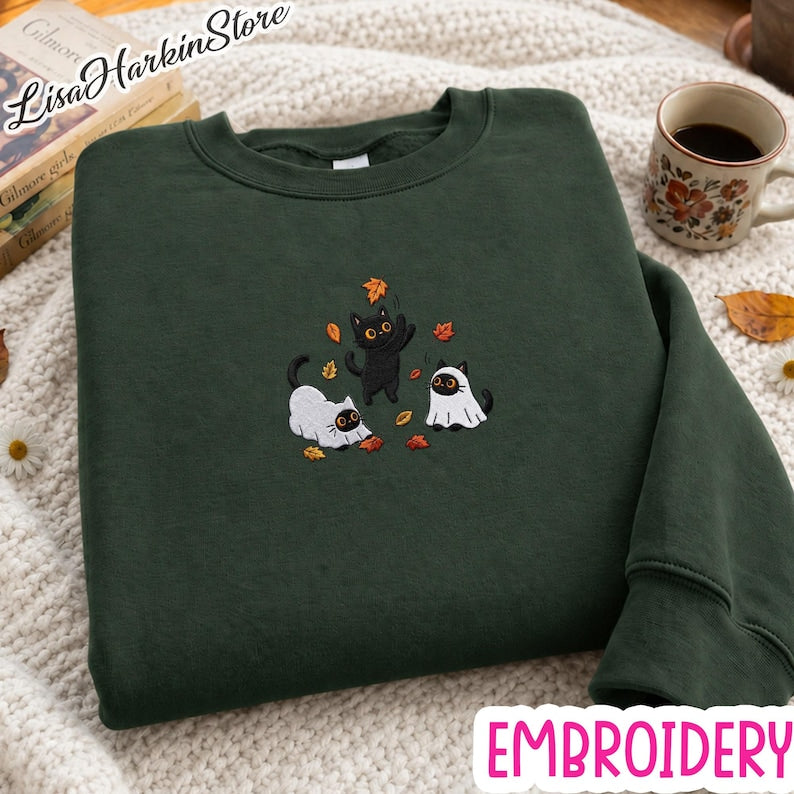 Black Cats and Fall Leaves Sweatshirt, Embroidered Autumn Cat Shirt, Cute Fall T-Shirt, Cozy Cat Lover Gift, Autumn Aesthetic