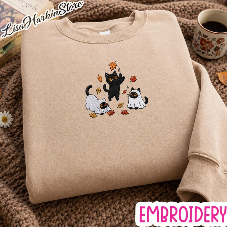 Black Cats and Fall Leaves Sweatshirt, Embroidered Autumn Cat Shirt, Cute Fall T-Shirt, Cozy Cat Lover Gift, Autumn Aesthetic