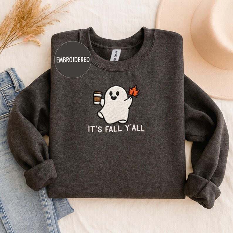 It’s Fall Y’all Ghost Embroidered Shirt, Fall Coffee Tee, Cute Ghost Comfort Colors Tee, Cozy Autumn Shirt, Pumpkin Patch Outfit