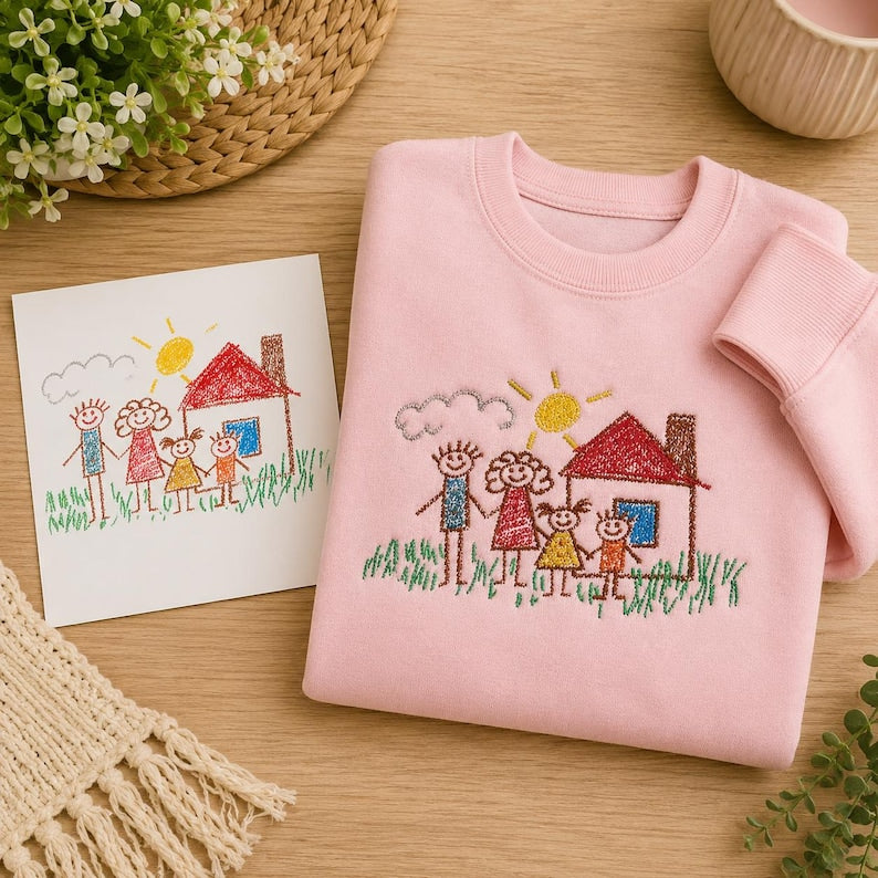 Embroidered Custom Family Portrait Sweatshirt, Personalized Drawing Embroidery, Unique Gift For Mom, Kids Art Embroidered Crewneck