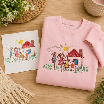 Embroidered Custom Family Portrait Sweatshirt, Personalized Drawing Embroidery, Unique Gift For Mom, Kids Art Embroidered Crewneck