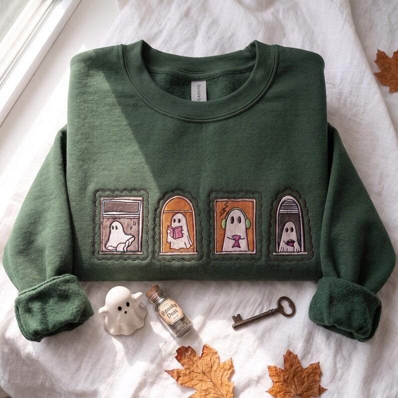 Embroidered Too Cozy To Haunt Shirt, Cute Ghost Window Graphic Tee, Cozy Halloween Spooky Season Shirt Fall Gift for Ghost Lovers