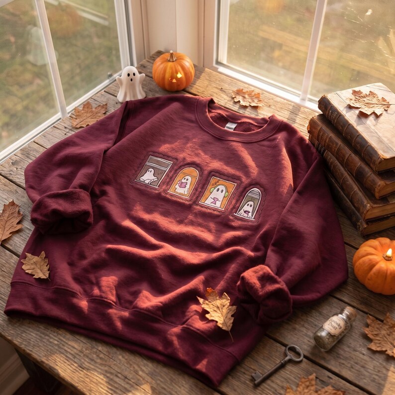 Embroidered Too Cozy To Haunt Shirt, Cute Ghost Window Graphic Tee, Cozy Halloween Spooky Season Shirt Fall Gift for Ghost Lovers