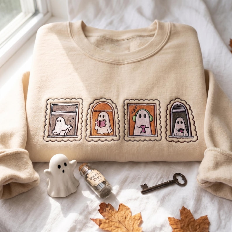 Embroidered Too Cozy To Haunt Shirt, Cute Ghost Window Graphic Tee, Cozy Halloween Spooky Season Shirt Fall Gift for Ghost Lovers