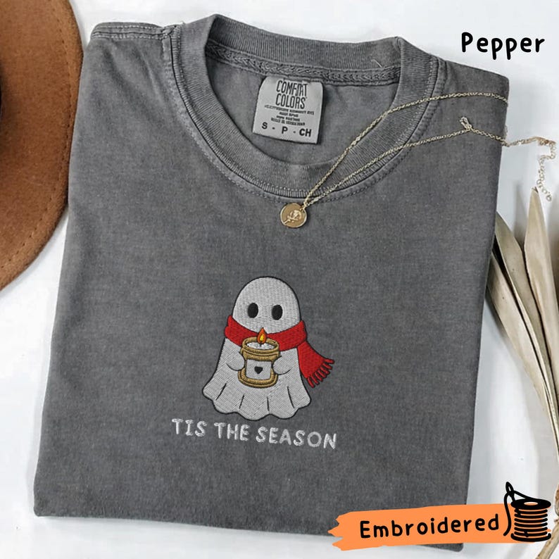 Ghost Embroidered Shirt, Cozy Holiday Embroidered Tee, Spooky Christmas Shirt, Tis The Season Ghost, Comfort Colors Shirt