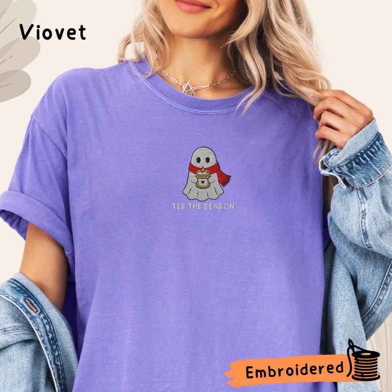 Ghost Embroidered Shirt, Cozy Holiday Embroidered Tee, Spooky Christmas Shirt, Tis The Season Ghost, Comfort Colors Shirt