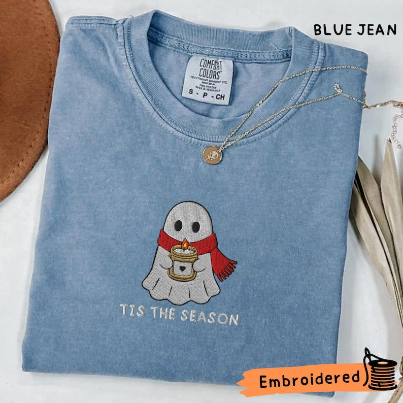 Ghost Embroidered Shirt, Cozy Holiday Embroidered Tee, Spooky Christmas Shirt, Tis The Season Ghost, Comfort Colors Shirt