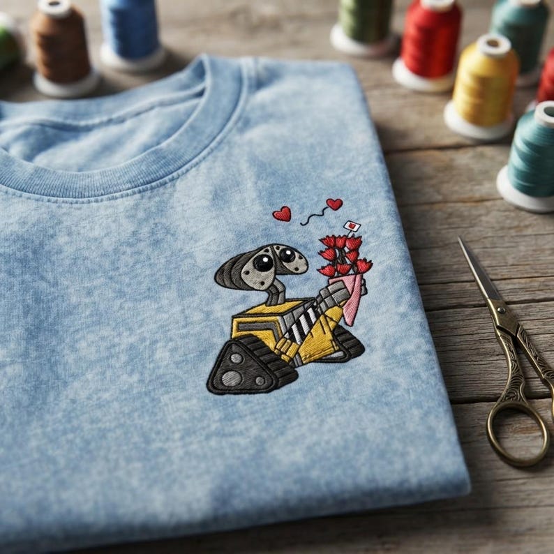 Embroidered Disney Pixar Walle Rose Vintage Washed Tee, Disney Couple Matching Shirts, Disneyland Vacation Shirt, Retro Disney Park Outfit